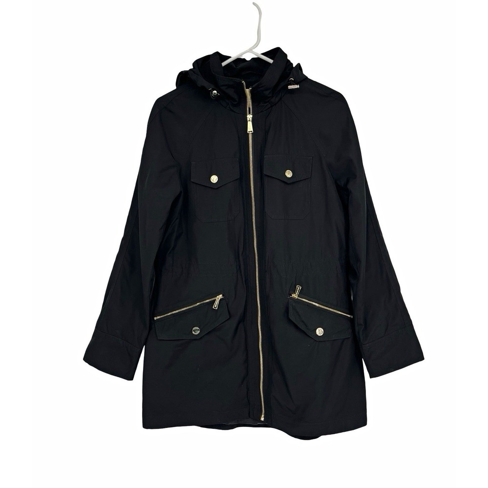 Michael Kors Women's Black Hooded Full Zip Mid-Length Jacket Size S